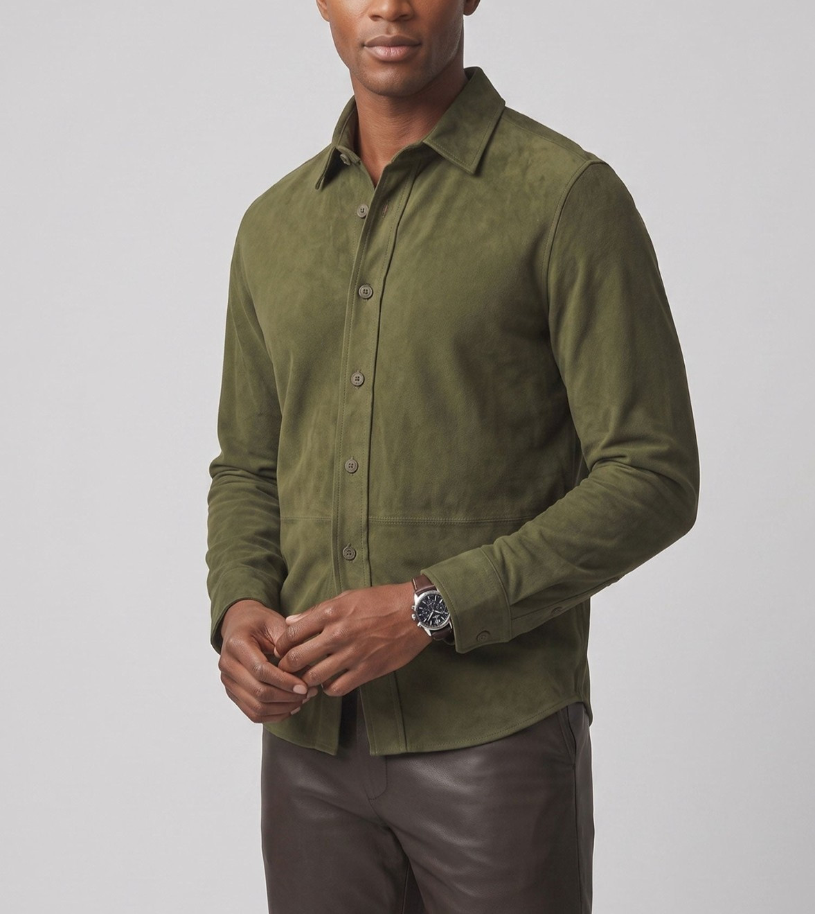 Men Olive Green Suede Leather Shirt Jacket Casual Shacket Slim Fit Overshirt New