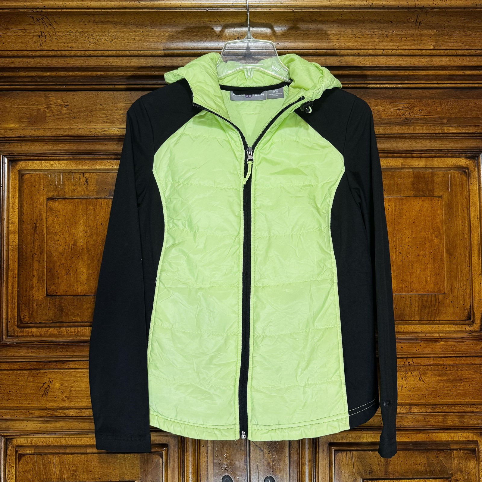 FreeTech Jacket Womens S Neon Yellow Black Hooded Softshell Puffer Full Zip
