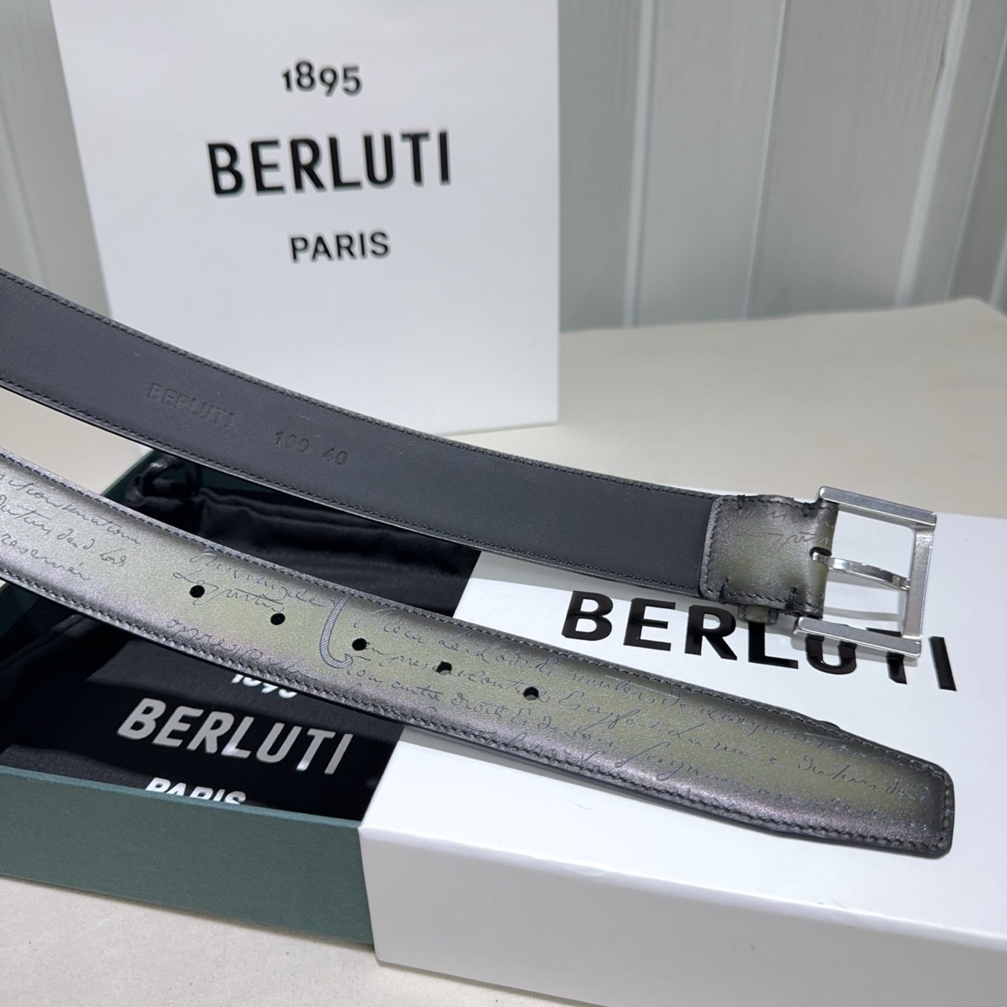Burruti Classic Scritto Calligraphy Leather Belt Width: 3.4cm Size: 105cm