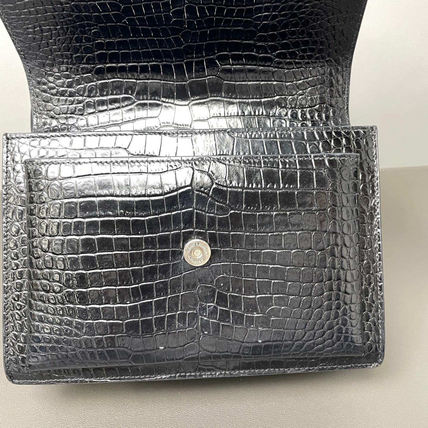 Authentic Saint Laurent Sunset Crocodile Embossed Leather Crossbody Black eBay