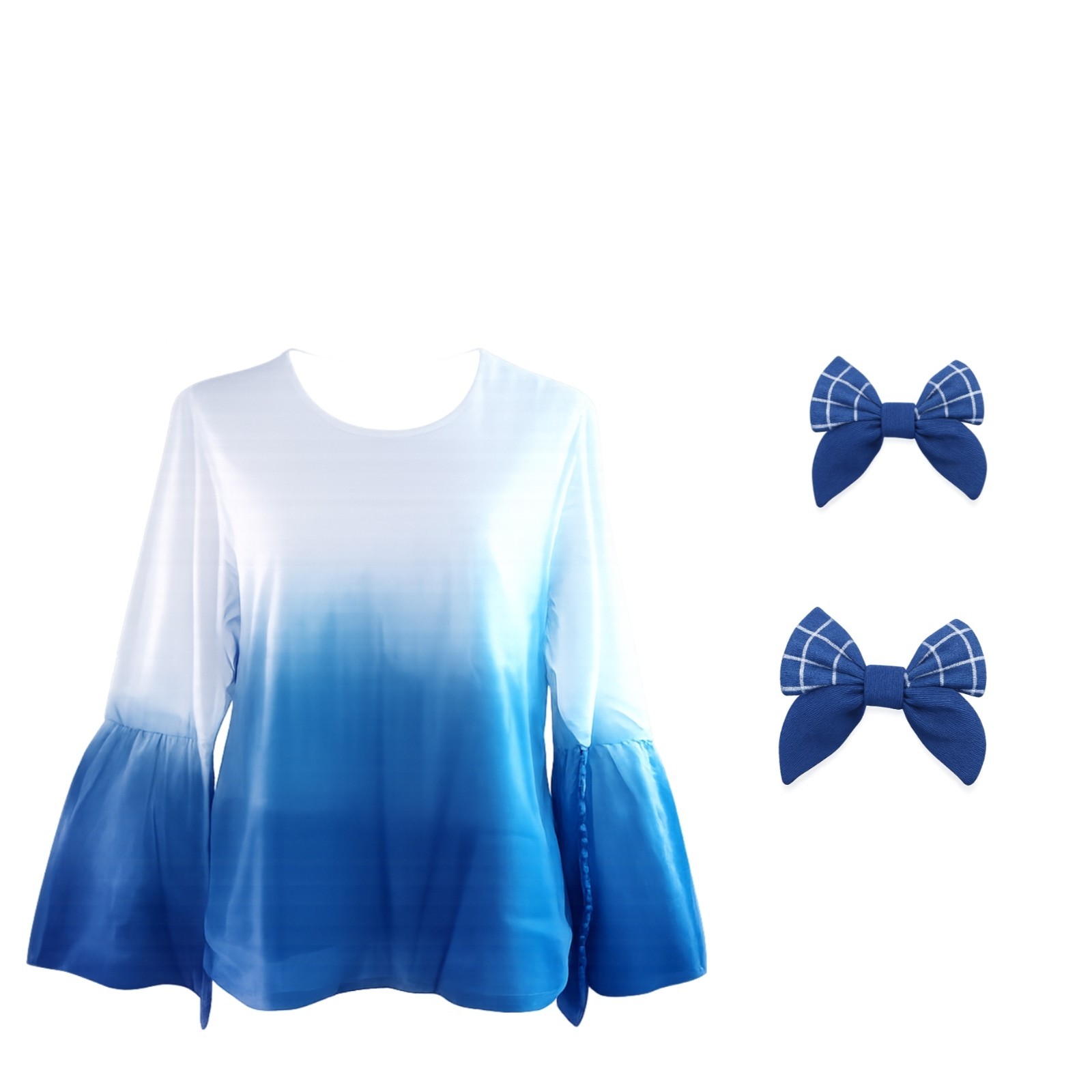 Natural Indigo Muslin Boho Blouse + 2 Handmade Handwoven Cotton Hair Bows Set