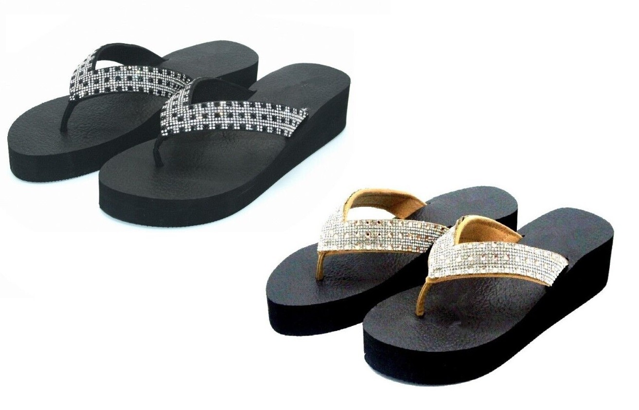 Women’ s Rhinestone Sandals Flip Flop Thong 6 7 8 9 10 11 Rose Gold Black Silver