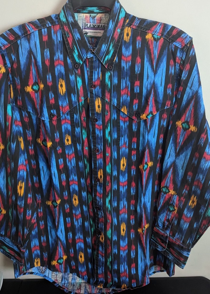Vintage Plainsman Western Button Up Shirt Adult XL Multicolor Indian Aztec