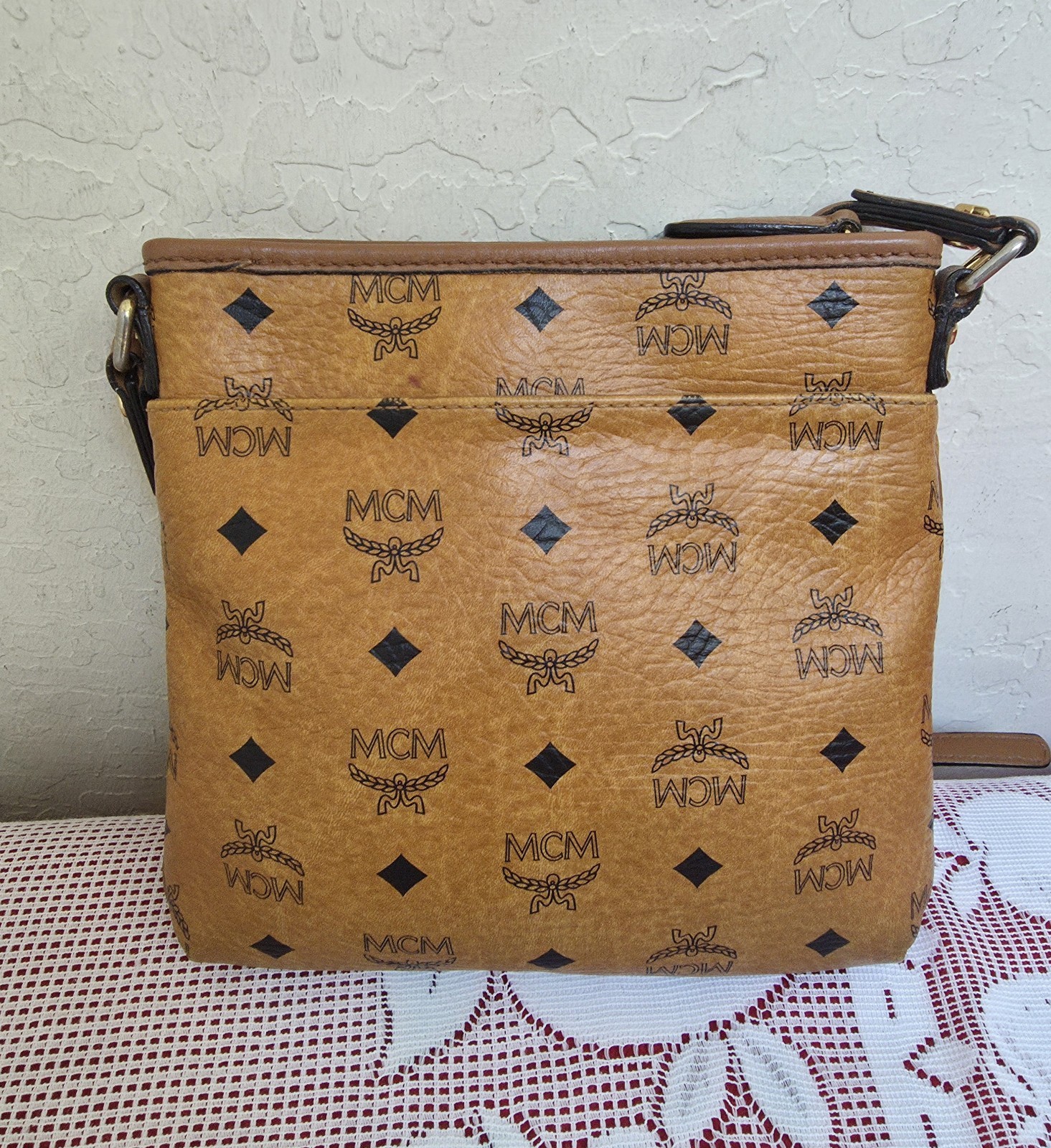 MCM Cognac Monogram Small Flat Shoulder Crossbody Bag AUTHENTIC