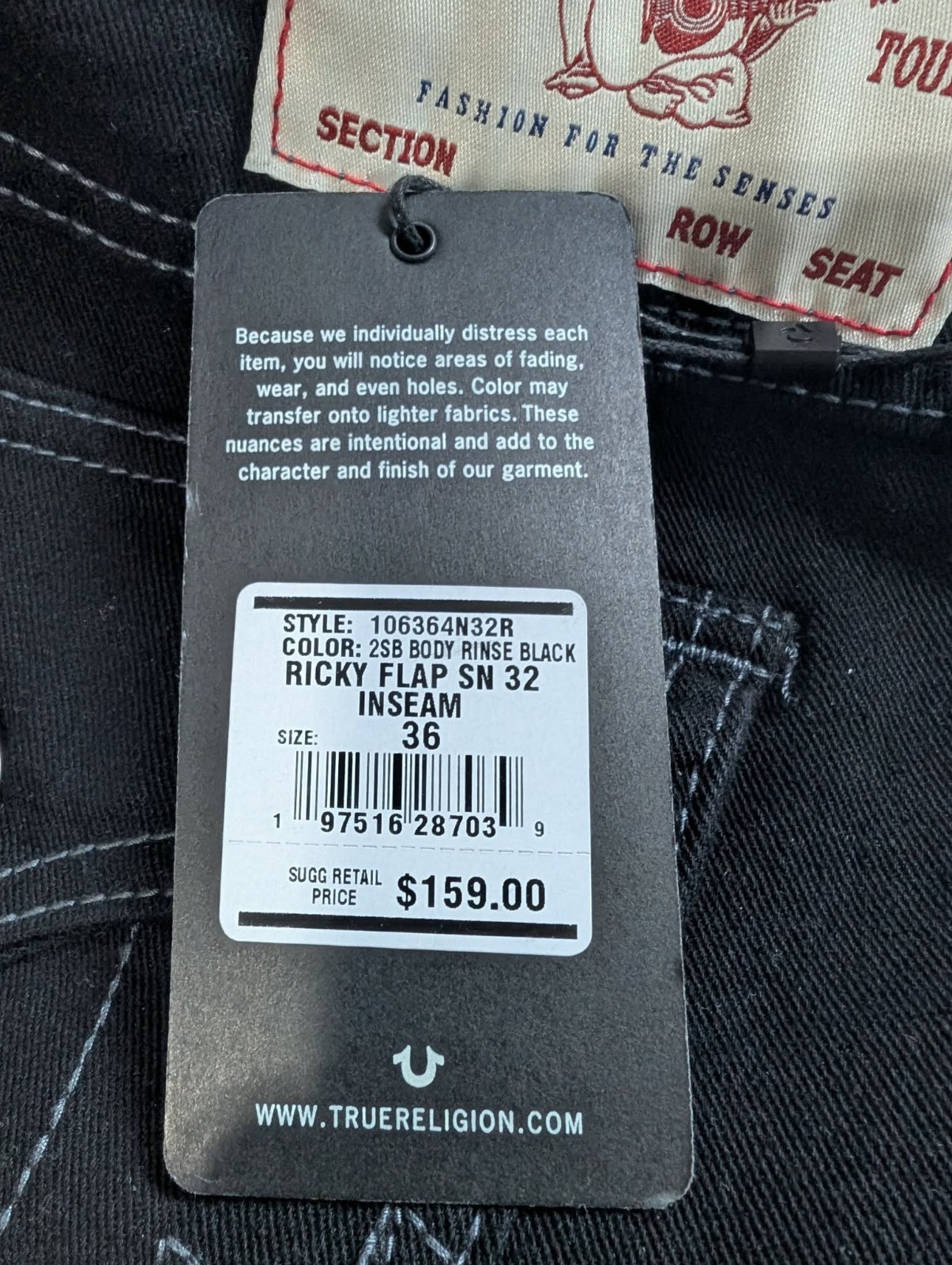 True Religion Ricky SN Flap Relaxed Straight Jeans Men 36×32 Rinse Black