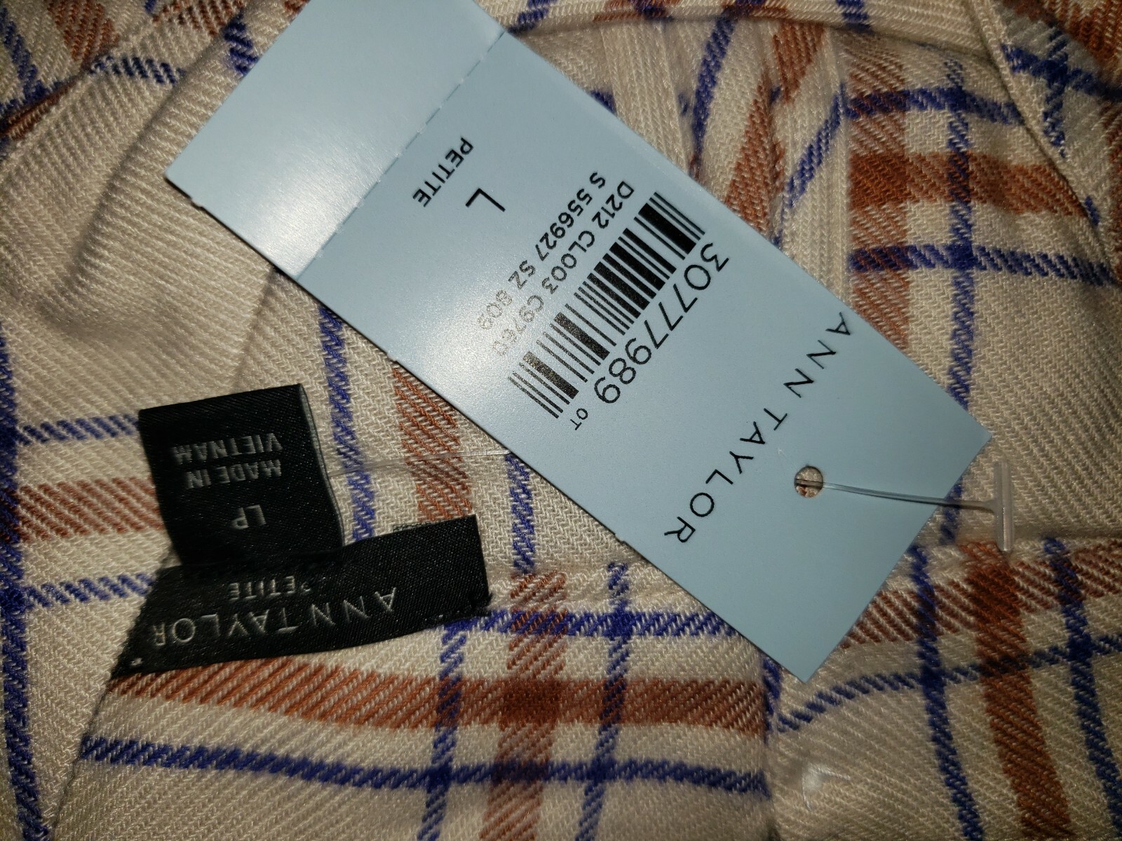 NEW Ann Taylor LP Top Beige Cream Plaid Cinched Peplum Cottage Office Siren