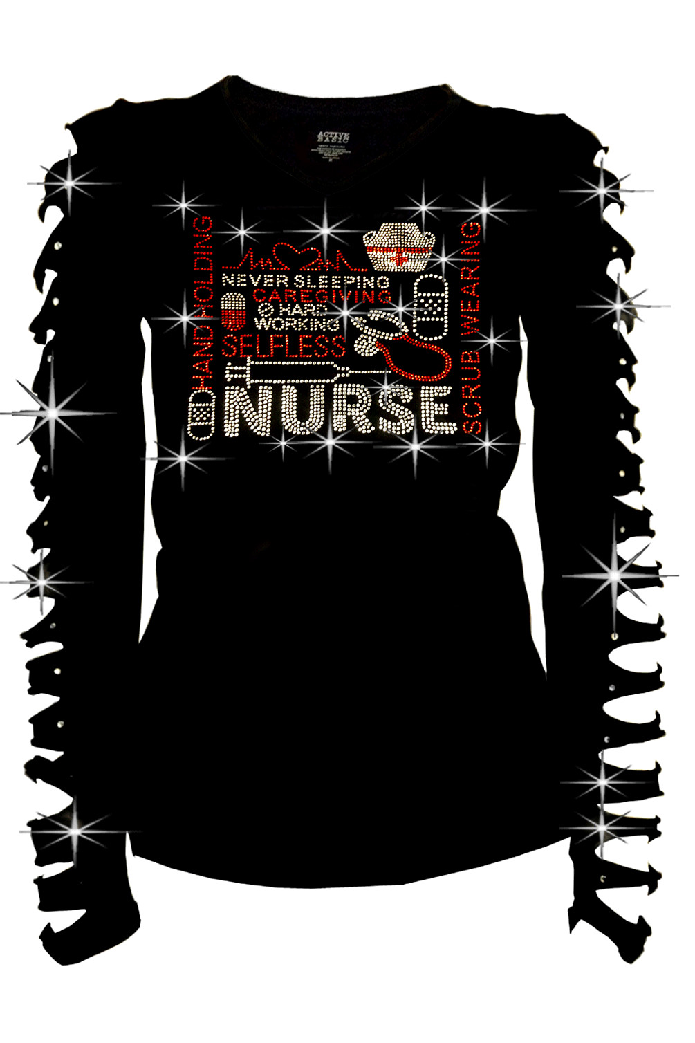 New Long Medical Nurse Hospital Bling Bling RHINESTONE T-SHIRT,RIPPED CUT OUT