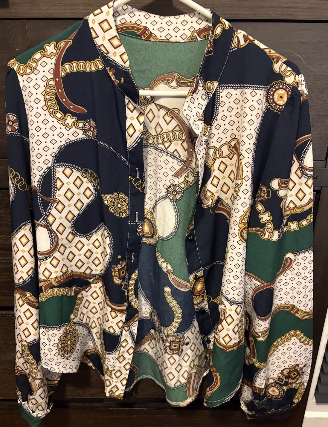 shein womens long sleeve button top size large white with multi colored design