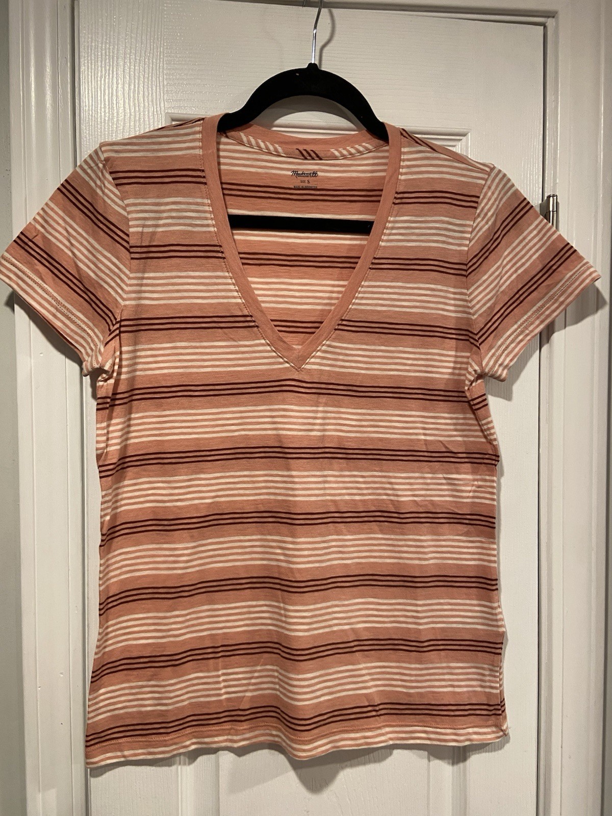 NWOT Madewell Size S Burgundy Pink Striped V Neck Short Sleeve Cotton Tee Shirt