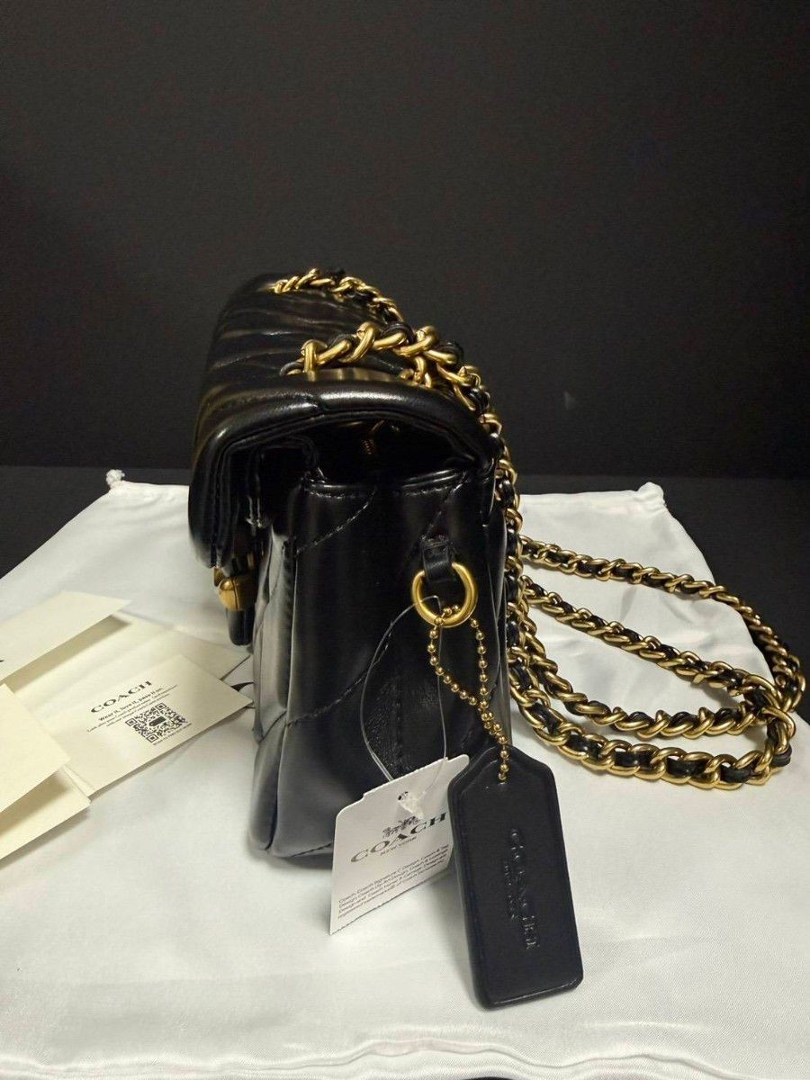 COACH CP150 Tabby Bag Leather with Chain Strap, Black, Zip Inner Snap Pockets