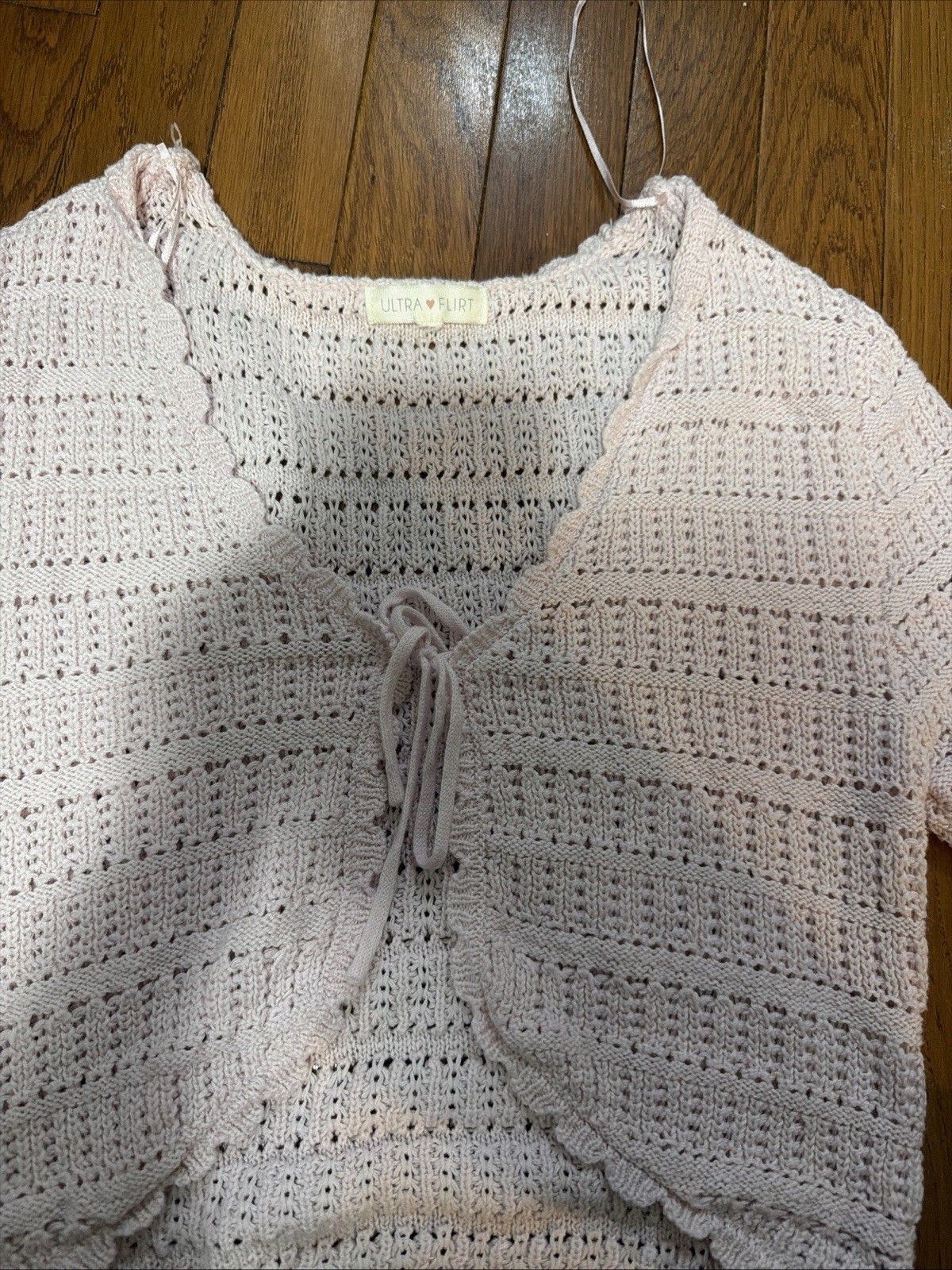 Ultra Flirt Pink Maternity S Knit Cropped V-Neck Tie-Front Short Sleeve Top