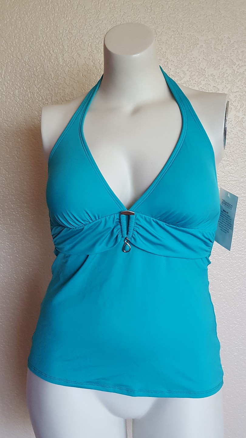 2Bamboo Halter Tankini Bikini Swimsuit Top Solid Blue NWT