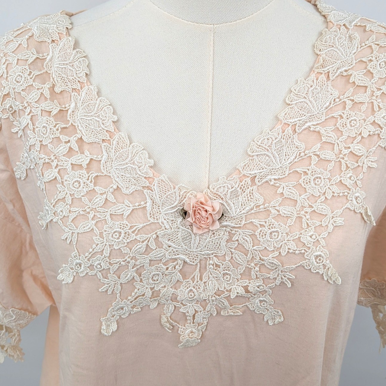 Vintage Magnet Art Peach Lace Applique Top L Cotton Romantic Cottagecore Blouse