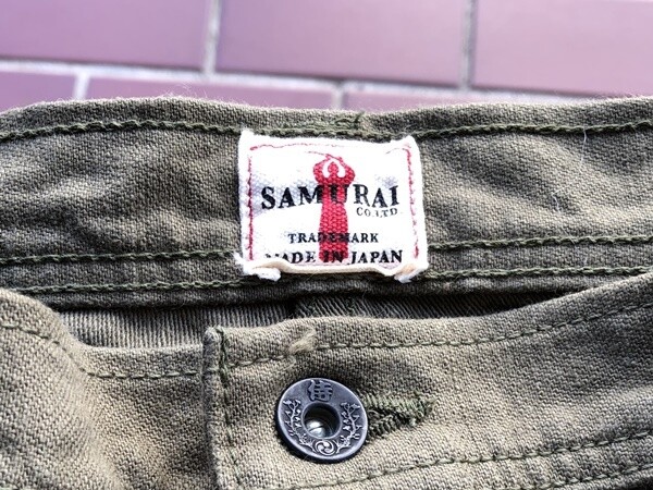 SAMURAI JEANS SJ52BP 15oz HEAVY BACK SATIN BAKER PANTS Olive One-washed