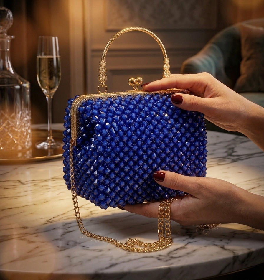 Women’s Blue Beaded Box Clutch, Gold Top Handle, Detachable Chain, Kiss Lock
