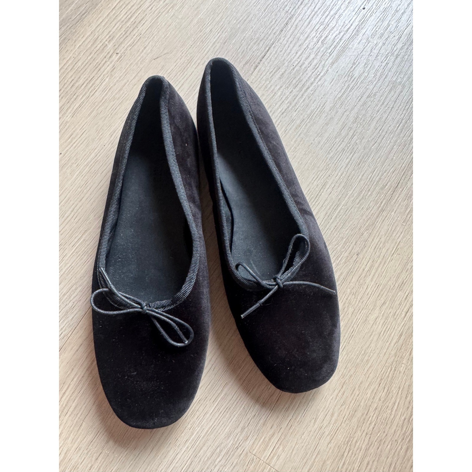 Everlane The Day Ballet Flat Black Velvet Square Toe Bow Shoes 9