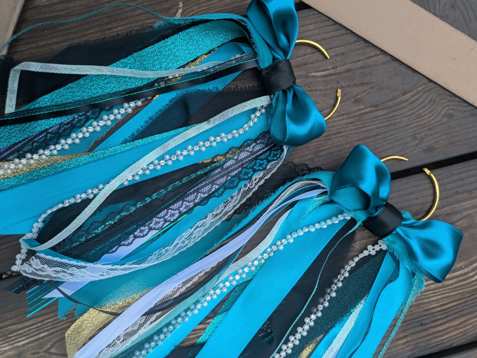 Teal & Black Ribbon Bow Tassel Boot Shoe Charms Pair, Gold Tone Hooks Western