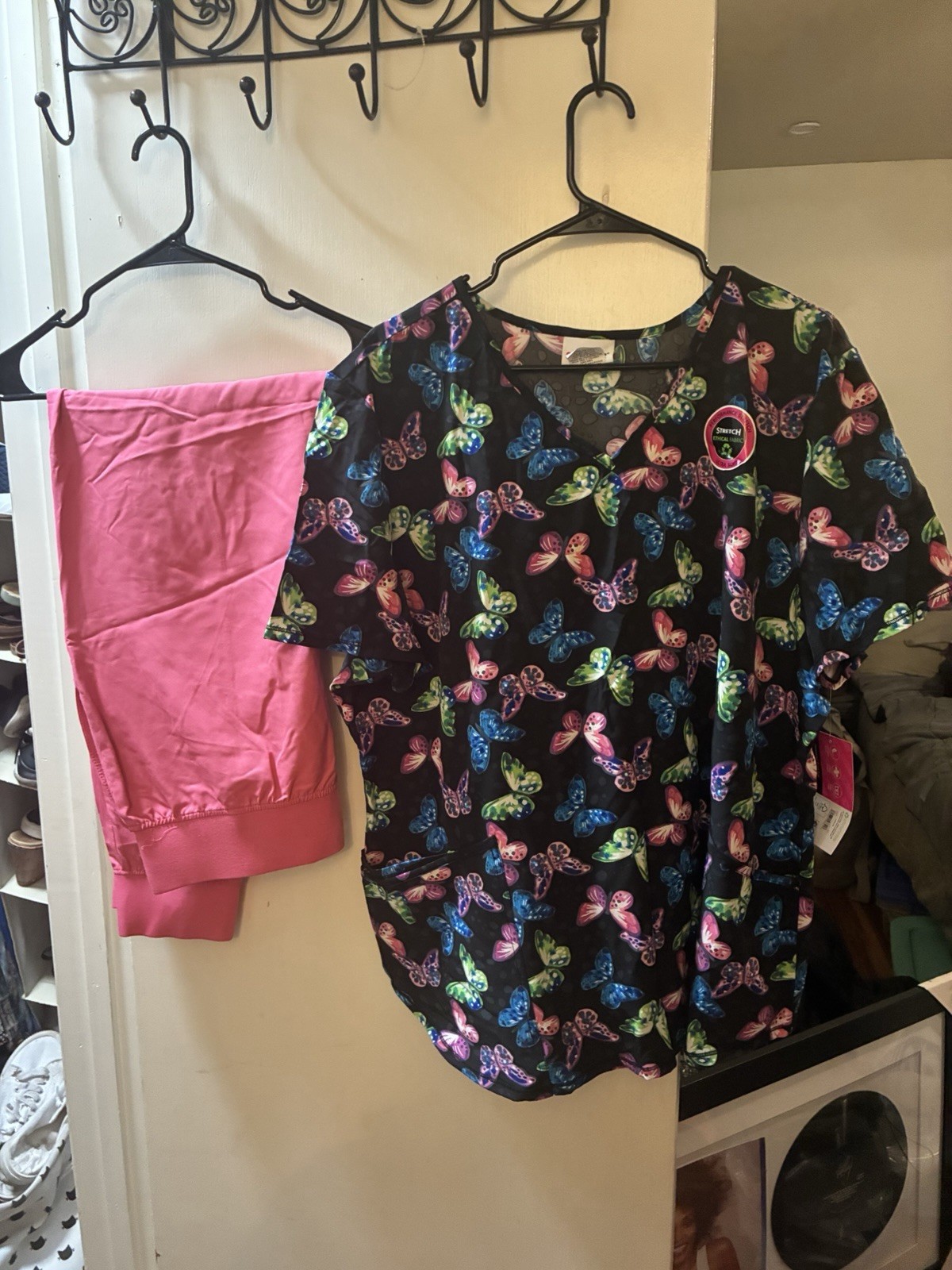 Scrubstar Women’s Medical Scrub Set Black Butterfly Top Pink Pants Size L