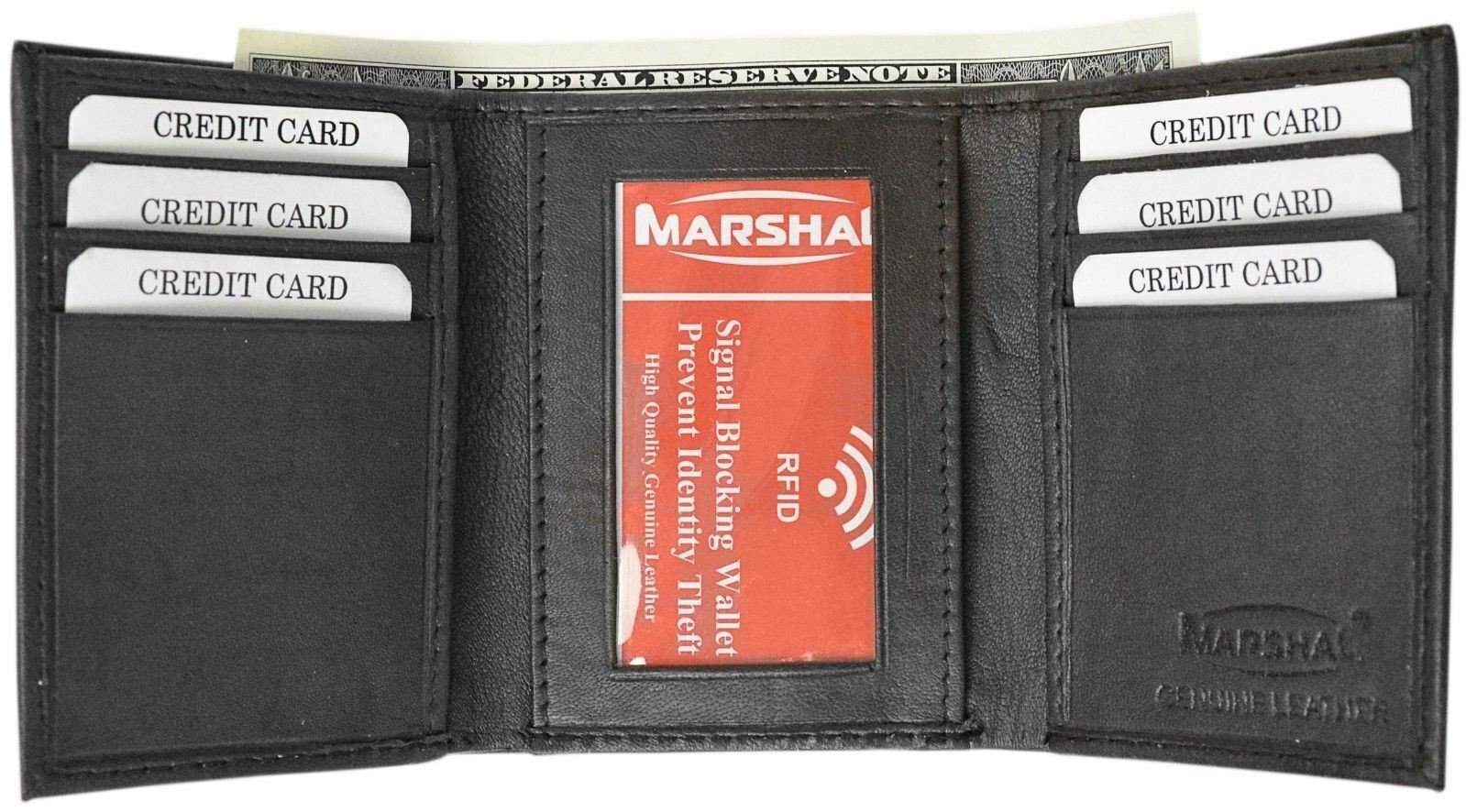 Black Mens Trifold Genuine Leather RFID Blocking Wallet Black New with BOX