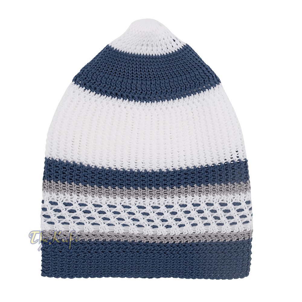 100% Nylon Muslim Kufi Skull Cap – White and Navy Blue with Gray Stripes Hat