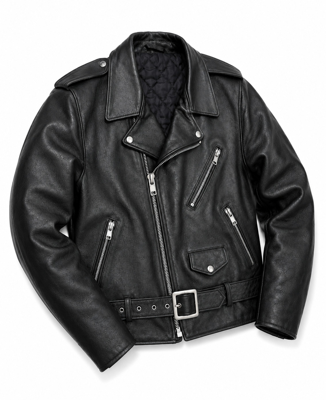 Men’s 42 Vintage Black Leather Jacket Belted Cafe Racer Motorcycle Biker Jacket