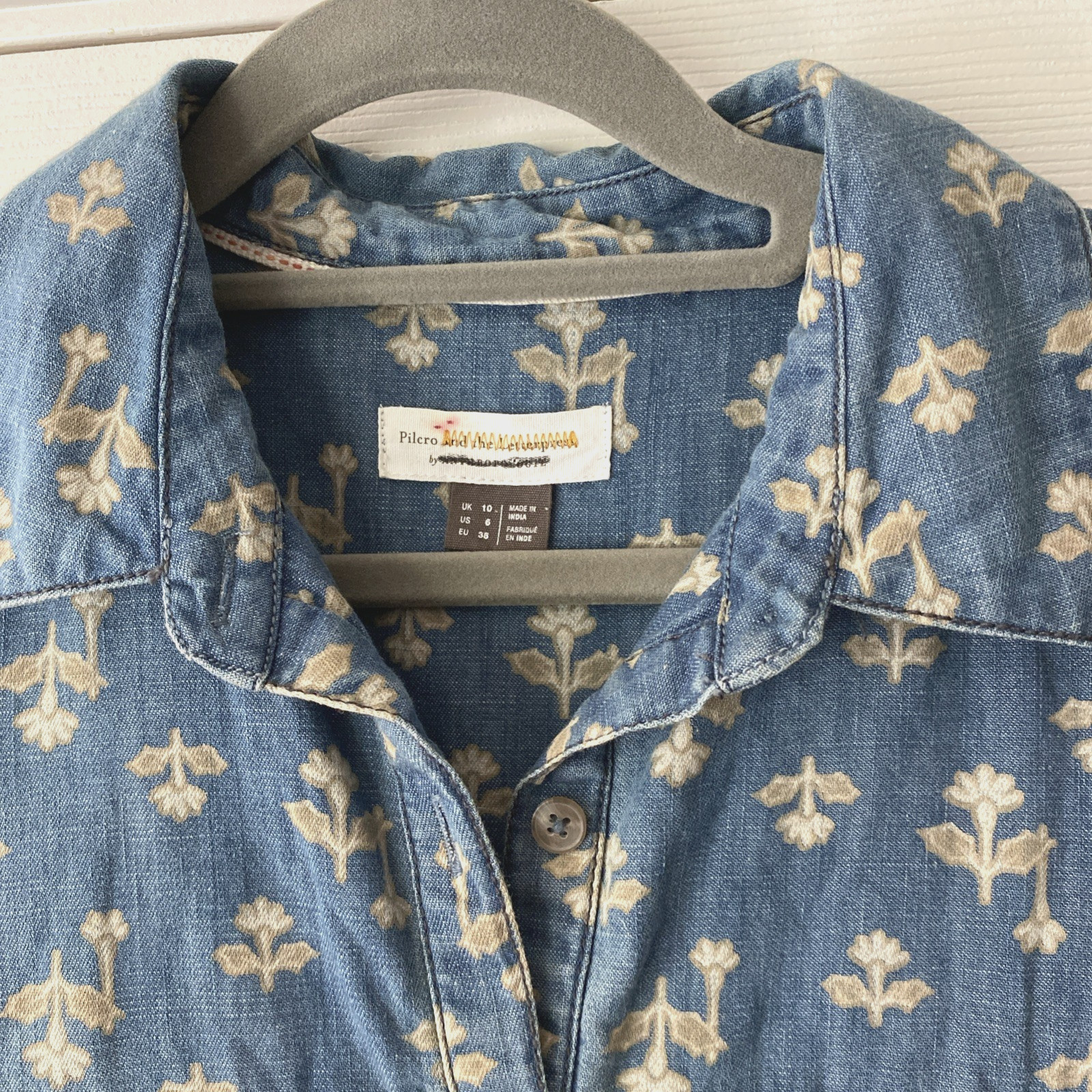 Womens Anthropologie Pilcro woodblock floral chambray denim dress Western Boho 6