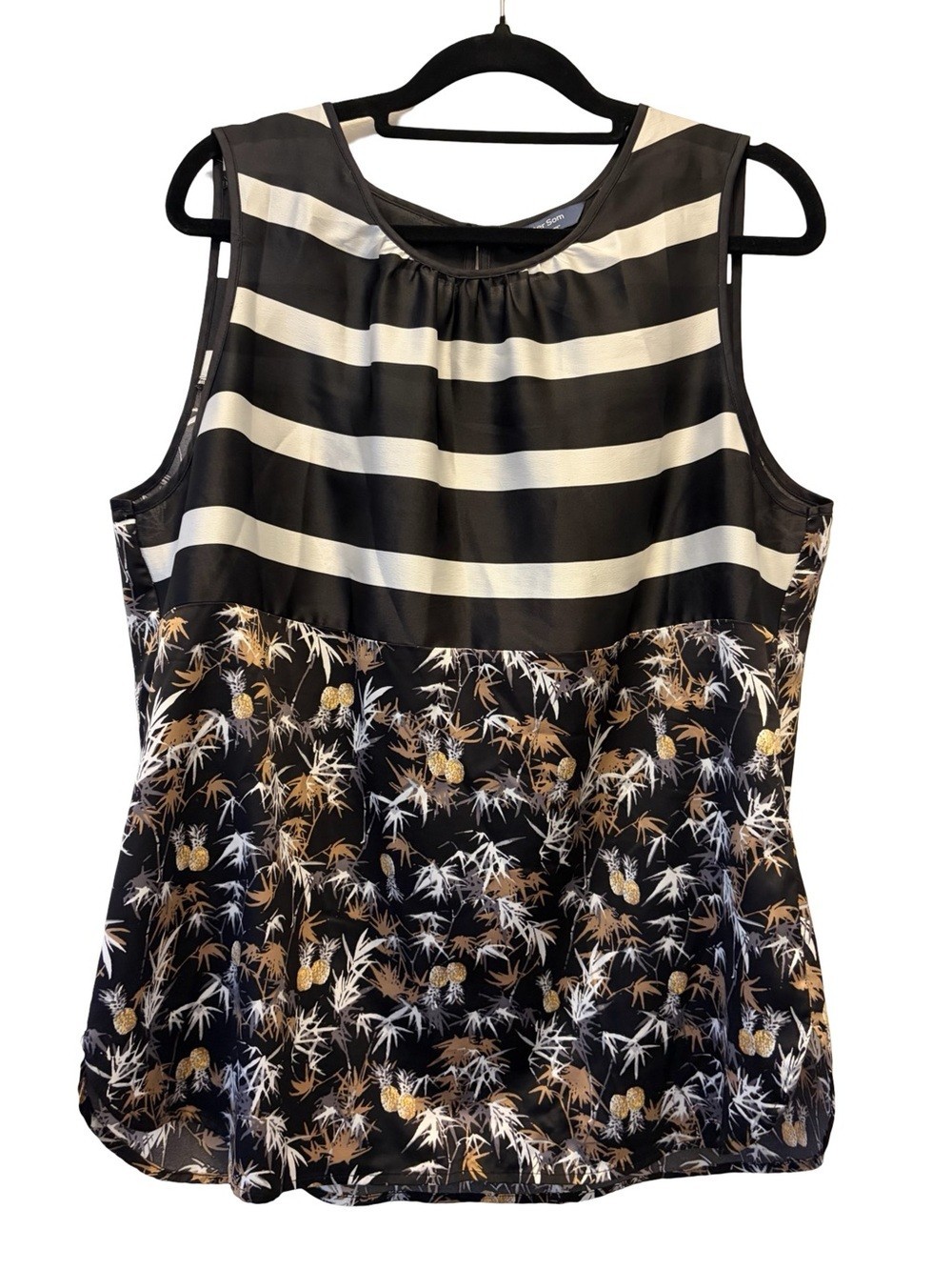 Peter Som Mixed Print Sleeveless Blouse Size L Black Cream Pineapple Pattern Top