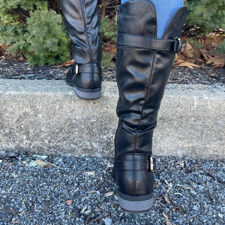 New Black/Gold Lace Up Military Combat Moto Boots Below Knee High Low Block Heel