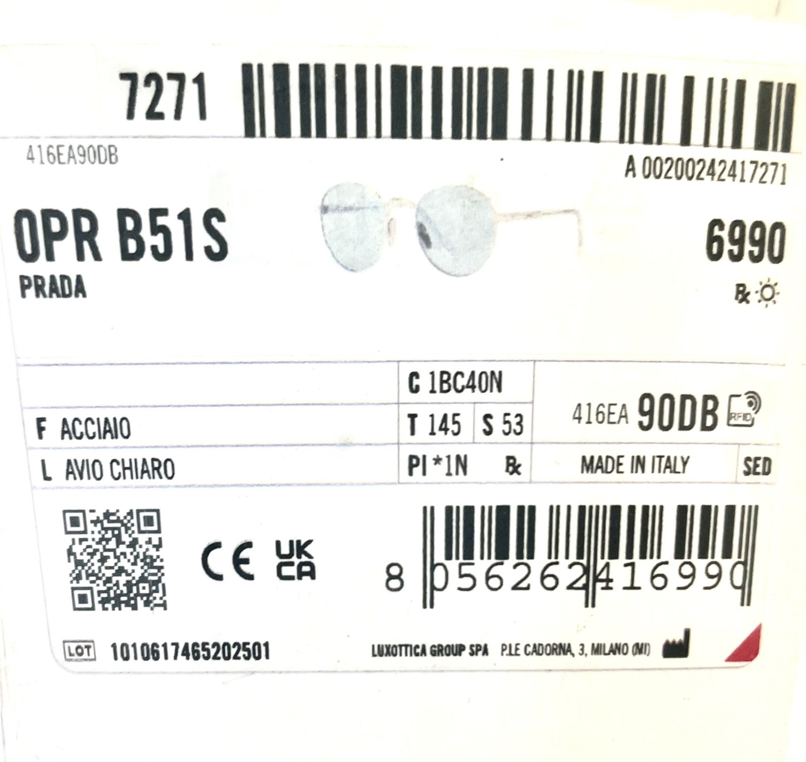Prada Sunglasses Shiny Acciaio Silver Light Blue Tinted SPR B51 1BC-40N w/case