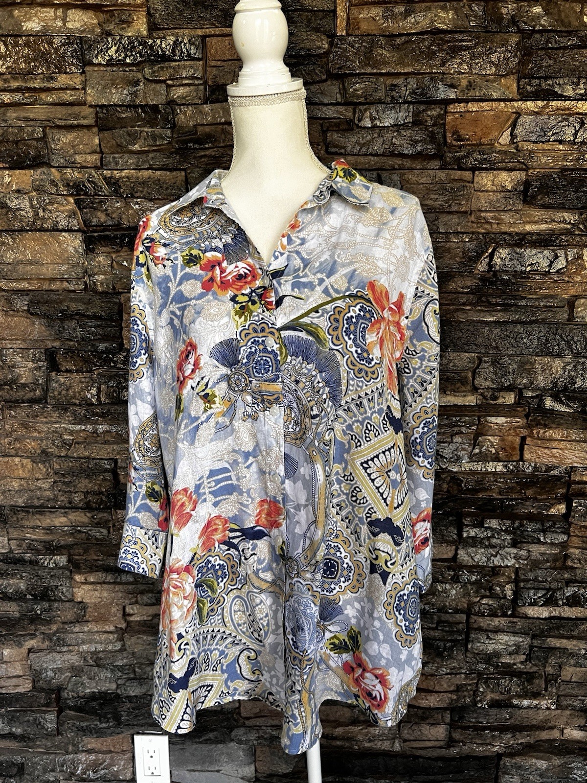 Chico’s Linen Blend Button-Up with Soft Blue Floral Print