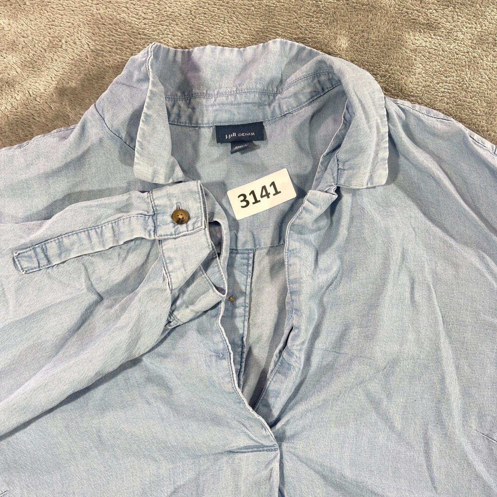 J. Jill Denim Top Women XL Light Blue Tencel Lyocell Button Back Roll Tab Sleeve