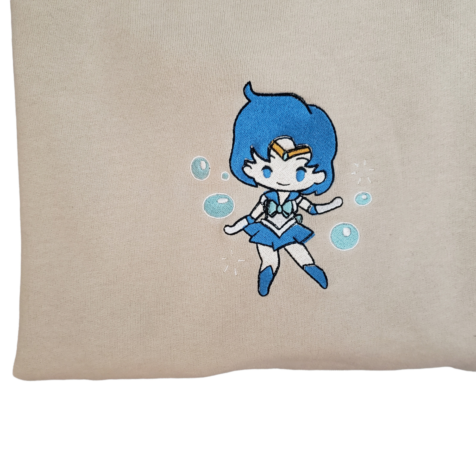 Sailor Mercury Embroidered Crewneck Sweater Beige Size L Kawaii Anime Crystal