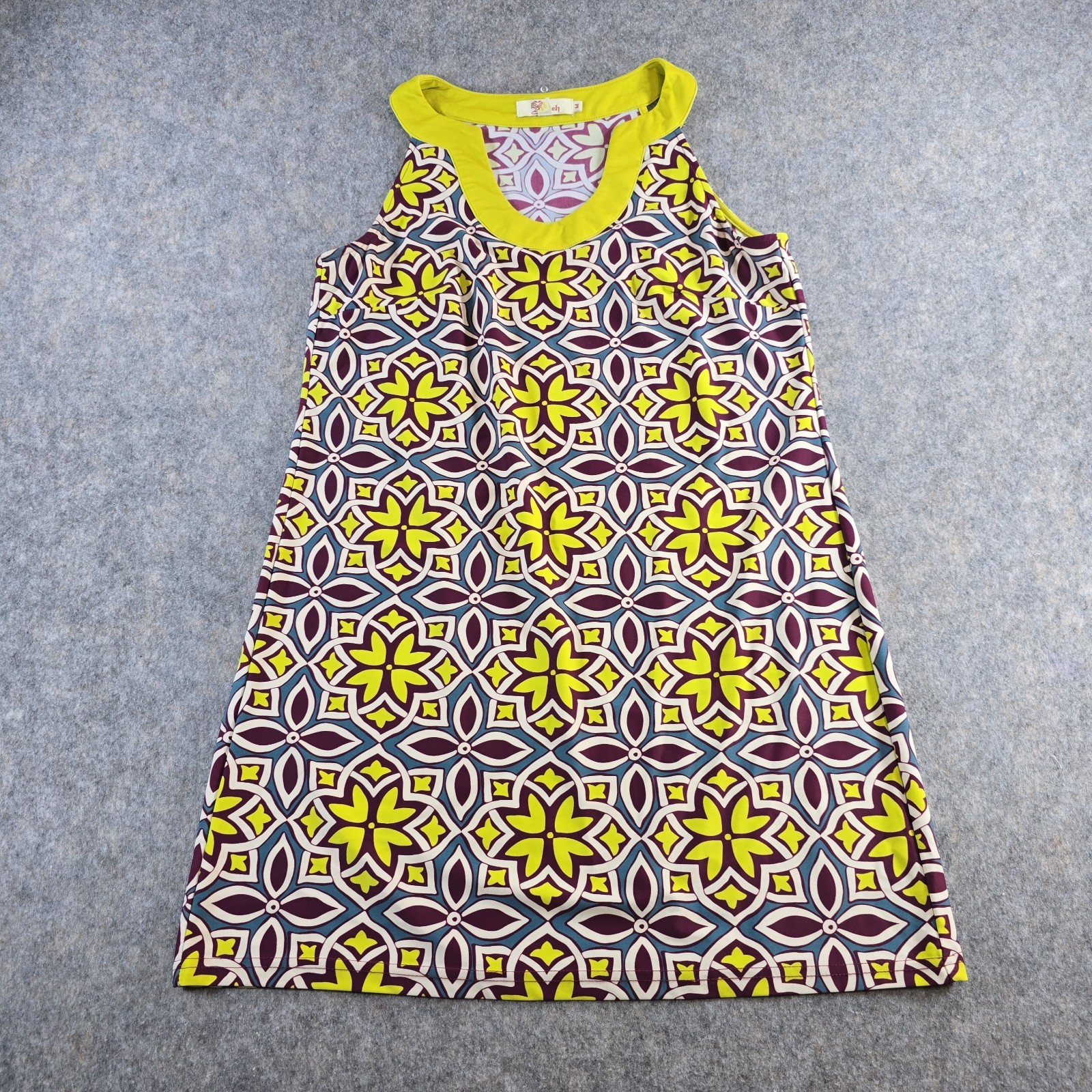 Aryeh Summer Geometric Print Sleeveless Dress Sz M Lime Purple U-Neckline Nylon