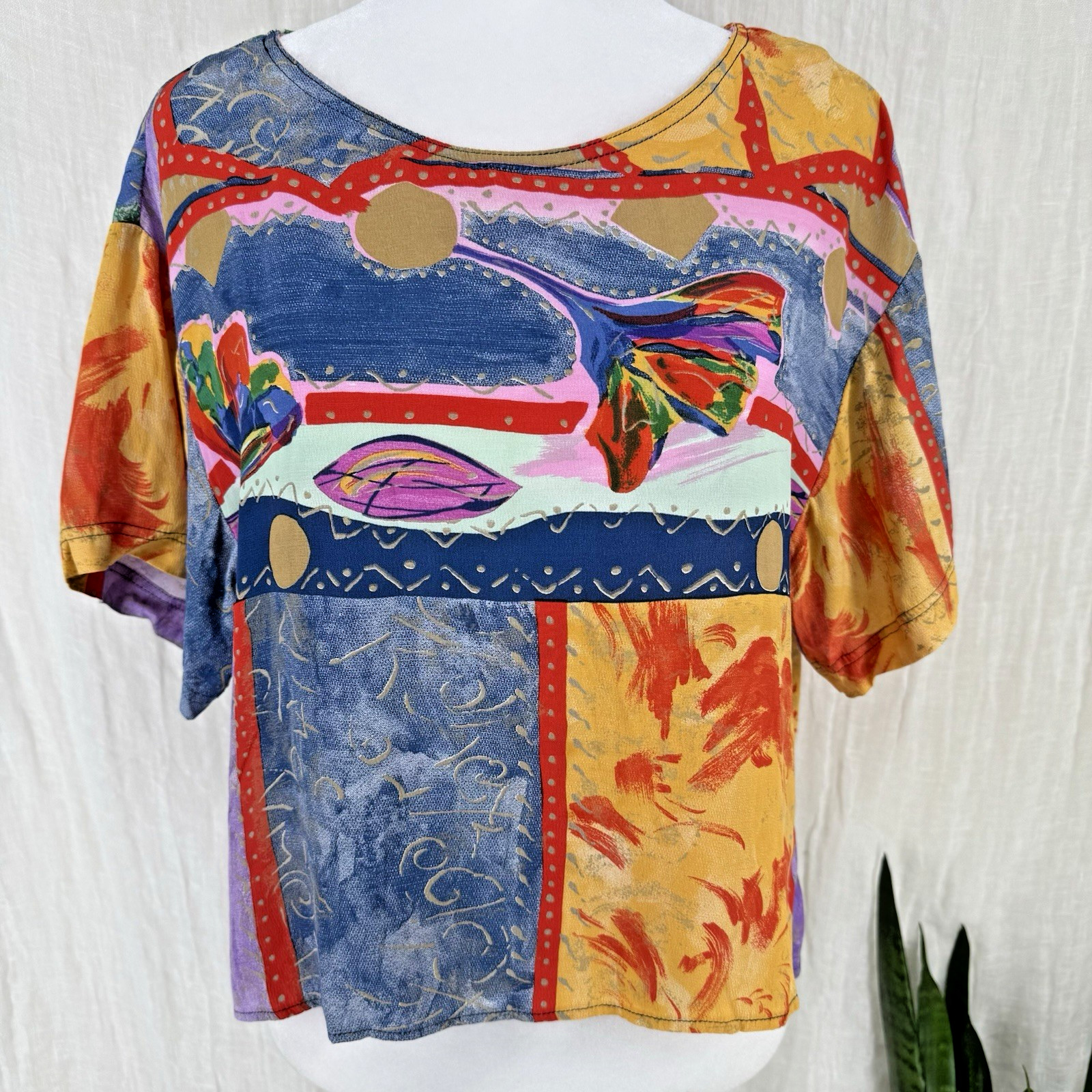 90s Colorful Artsy Indie Crop Top S Abstract Maximalist Funky Retro Vtg Rayon
