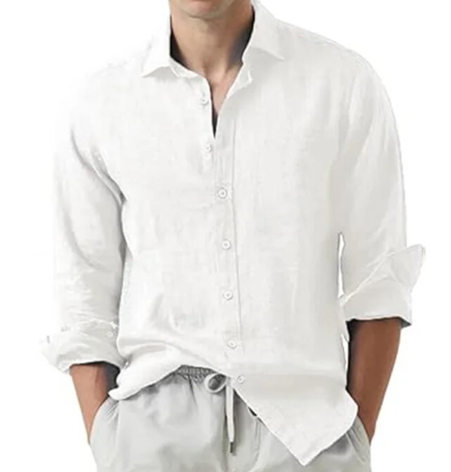 Shirt Men’s Long Sleeve Plain Cotton Linen Club Button Down Short Casual 25% OFF