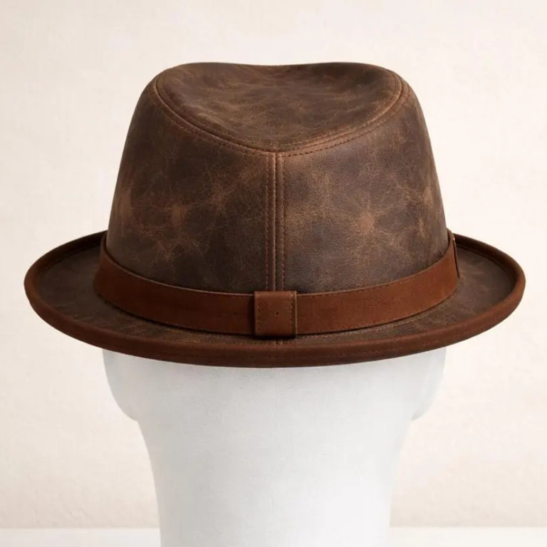Handmade Distressed Brown Leather Fedora Vintage Hat Trilby Western Travel Gift