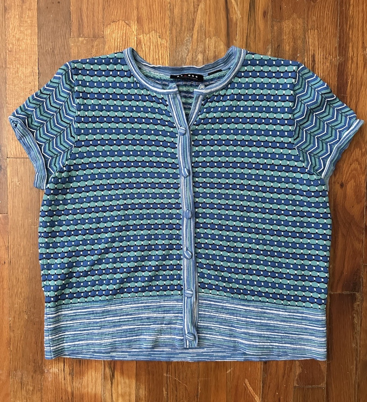 Vintage Axcess Liz Claiborne Textured Knit Cardigan Top Blue Short Sleeve Sz S