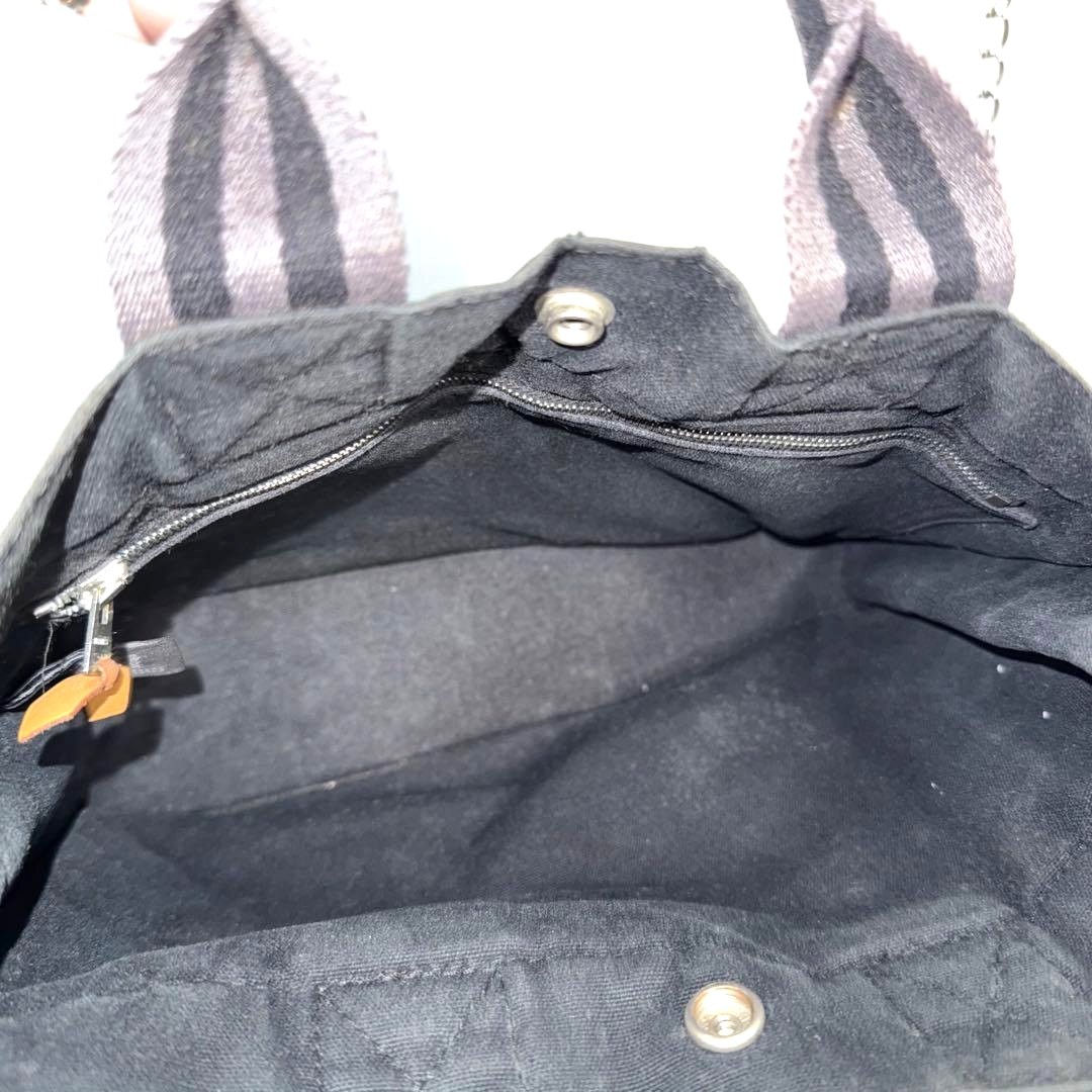 HERMES Fourre Tout MM Tote Handbag Black Gray Canvas Stripe Vintage 11.4×8.7in.