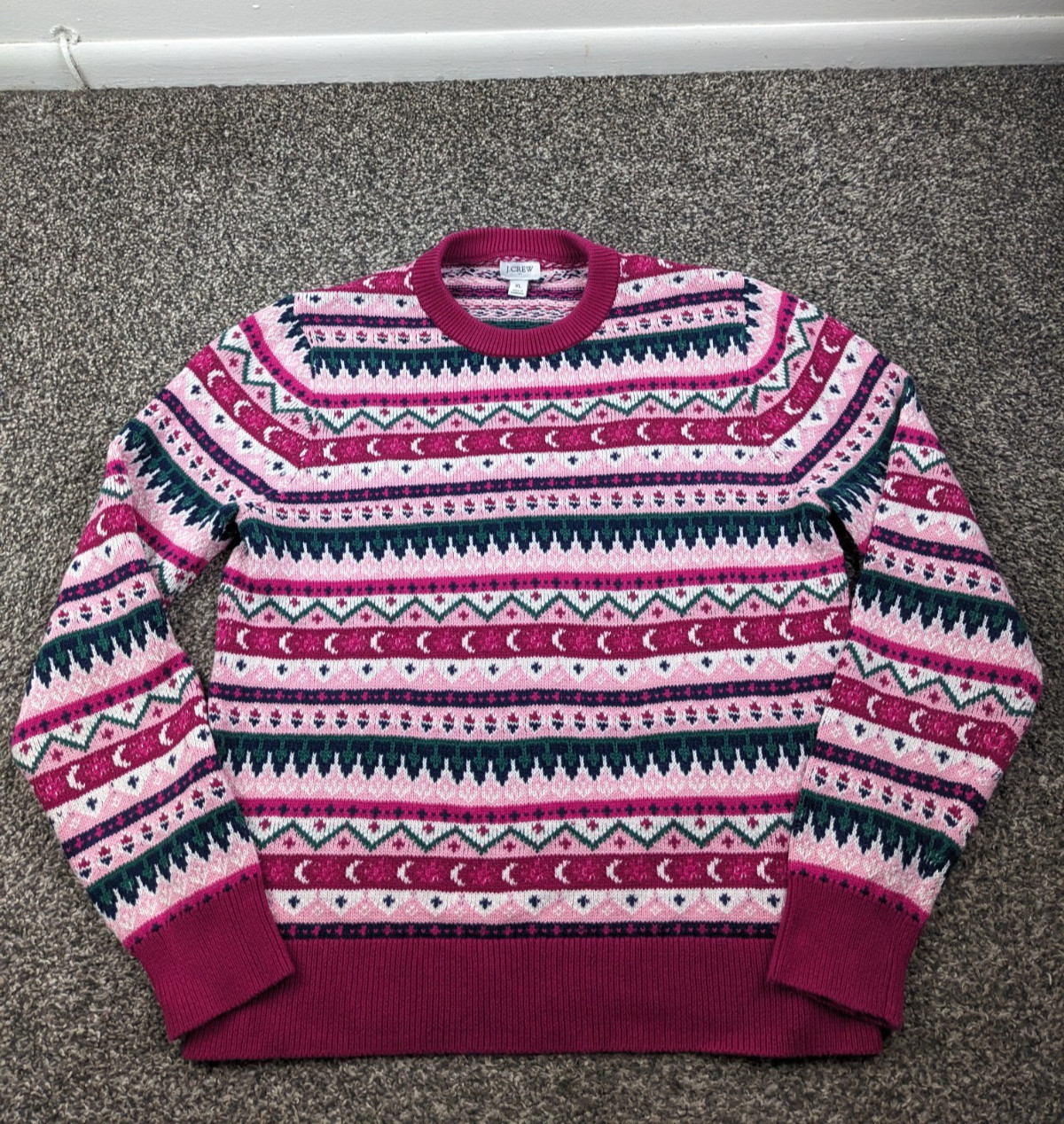2022 J Crew Sweater Fair Isle Cotton Pink Crewneck Pullover Womens XL