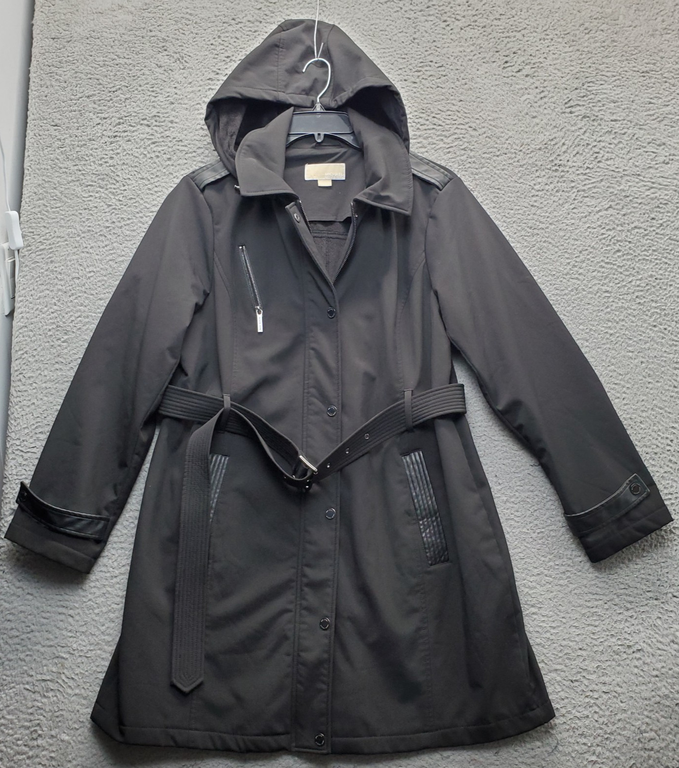 Michael Kors Trench Coat Womens XL Black Hooded Belted Waist Snap Up Inside Zip