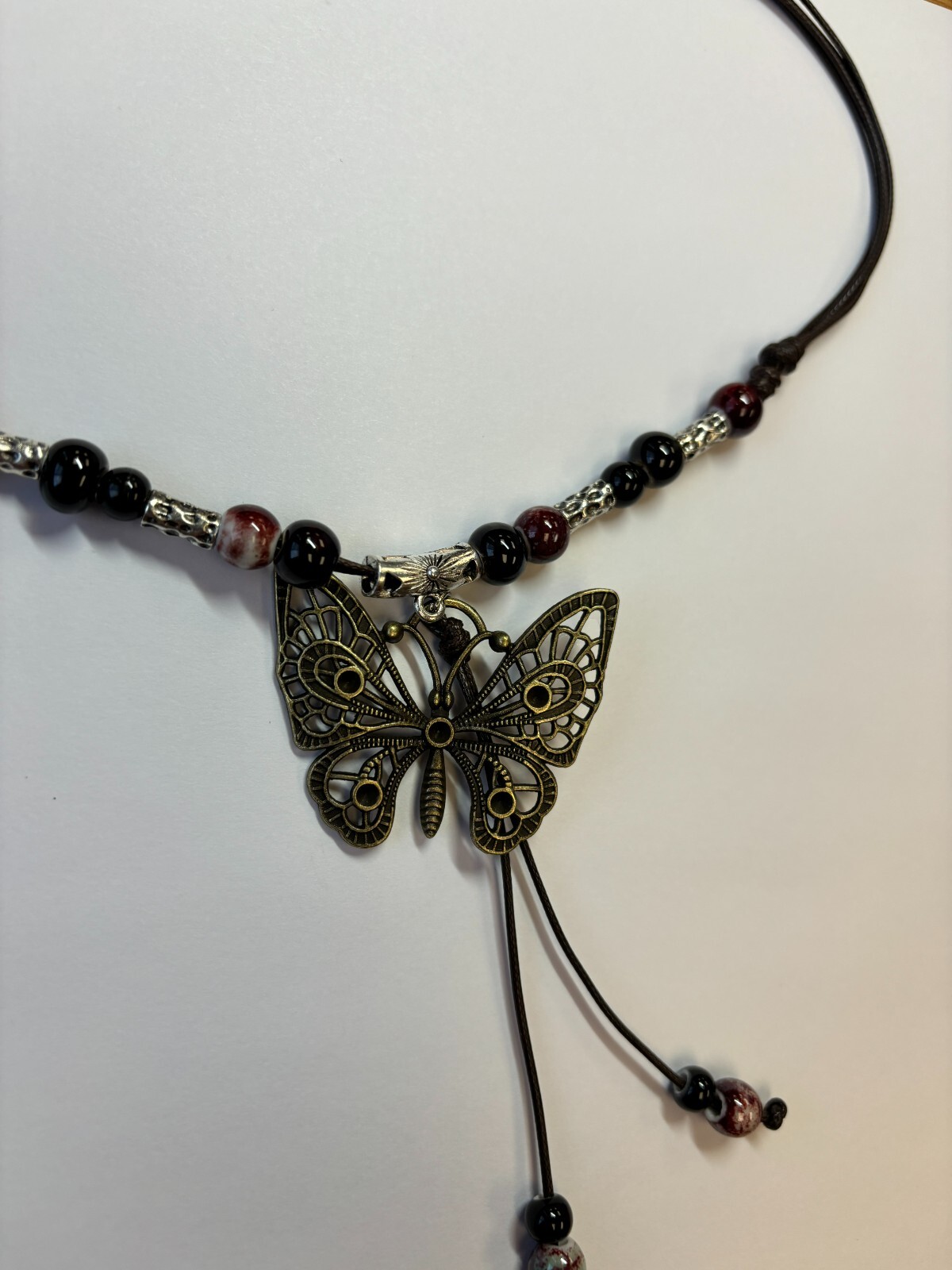 Black White Bead Silver Butterfly Pendant Charm Blessing Vintage Necklace