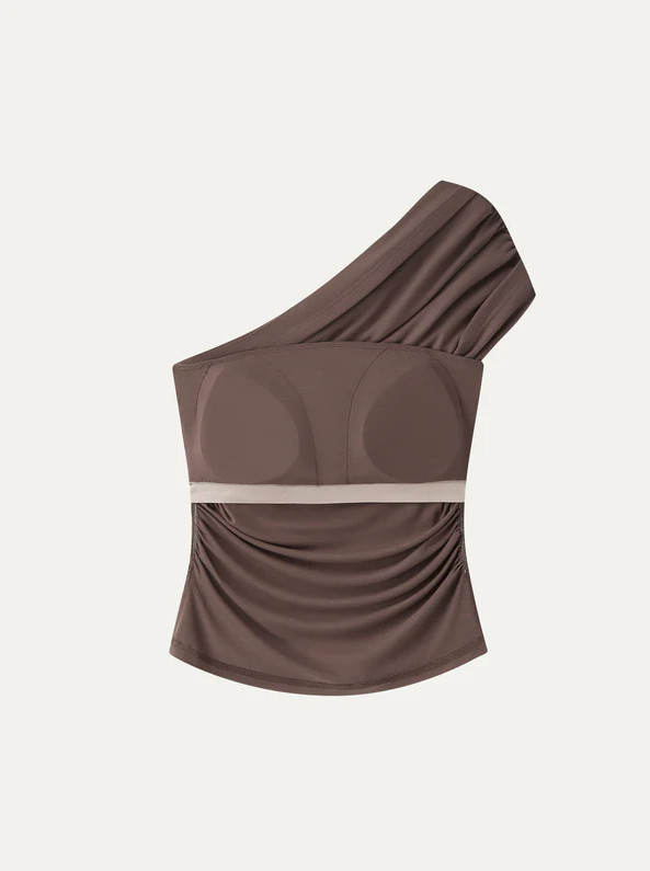 OGL One Shoulder Gathered Bra Top – Chocolate Brown NEW