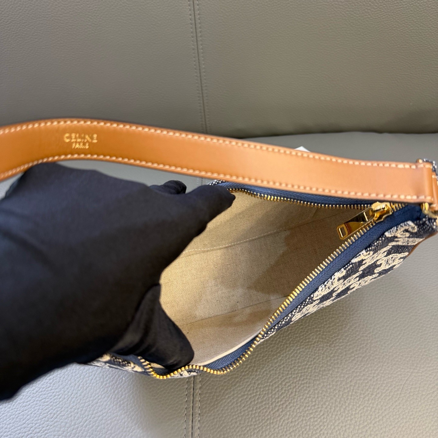 Celine Ava Denim Triomphe Embroidered Blue Shoulder Bag