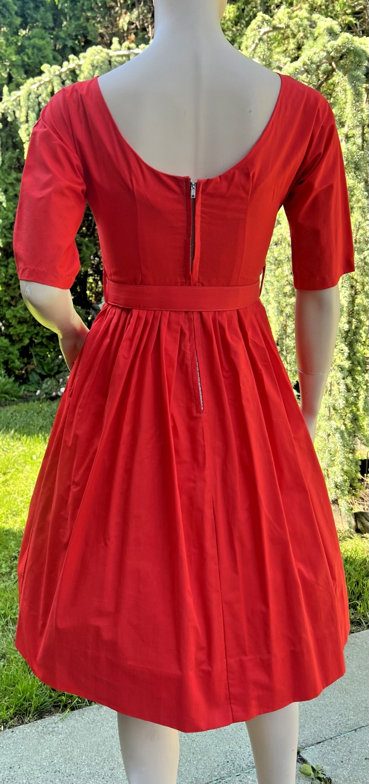 VINTAGE 1960’s RED COTTON FIT & FLARE DRESS W/ RHINESTONE BOW
