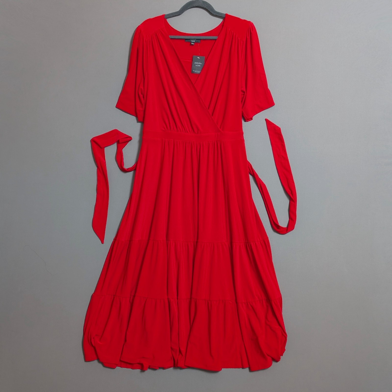Joanna Hope Red Jersey Faux Wrap Tiered Midaxi Dress Tie Belt Stretchy 18 New
