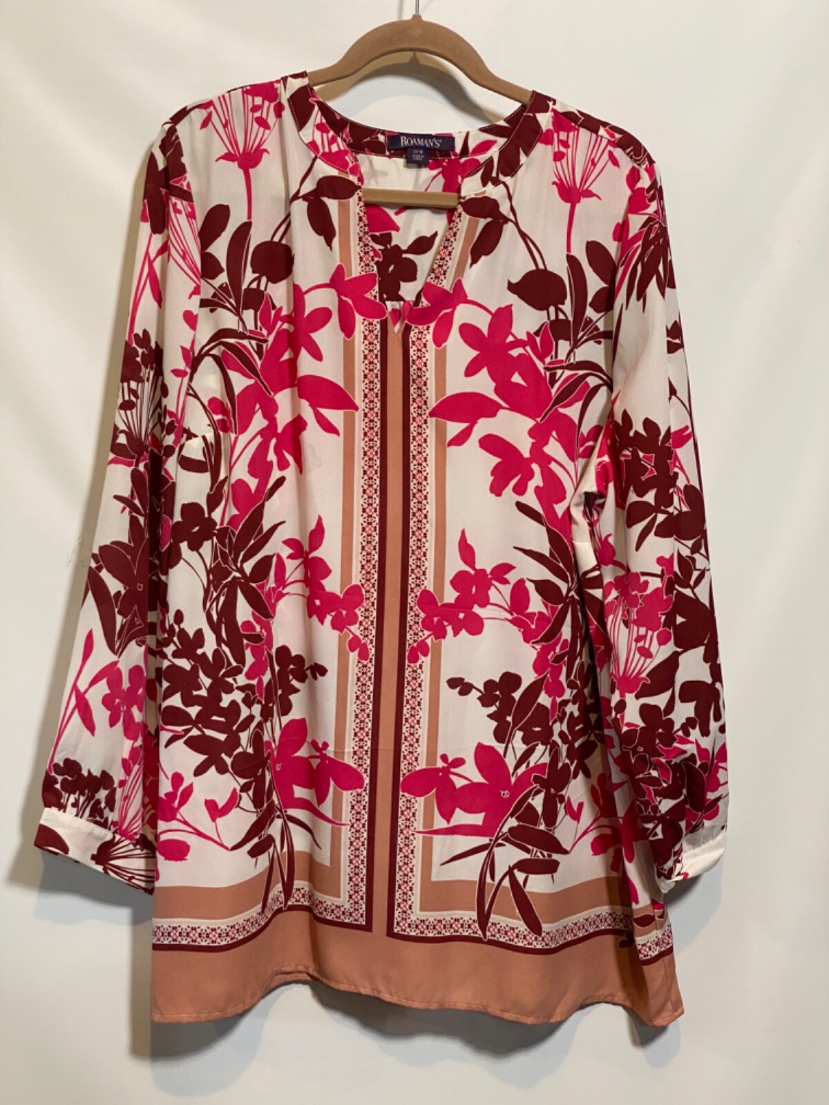 Roaman’s 22W Burgundy Pink Ivory Floral Long Sleeve Split Neck Tunic Blouse