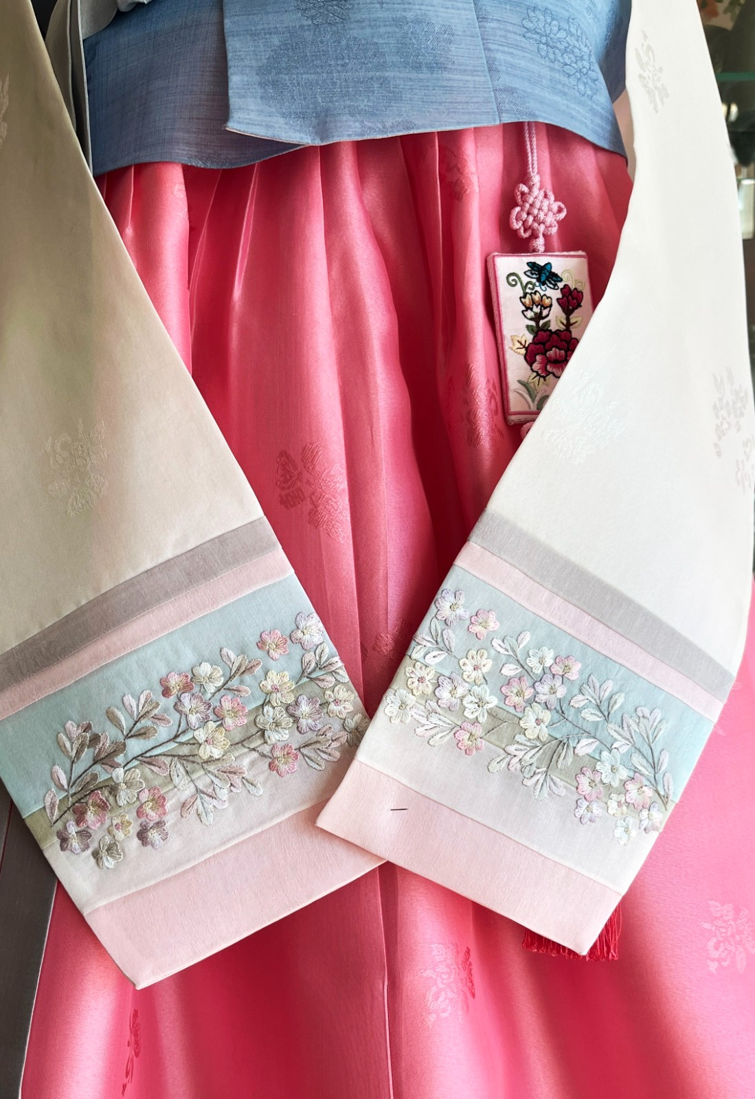 Premium Silk Traditional Korean Hanbok Dress–Light Blue & Pink/Hand bag / Junior