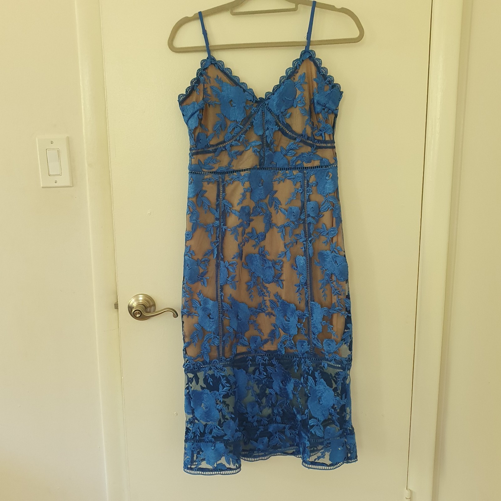 Lulus Blue Laced Flared Lined Midi Dress With Straps Lined Size M