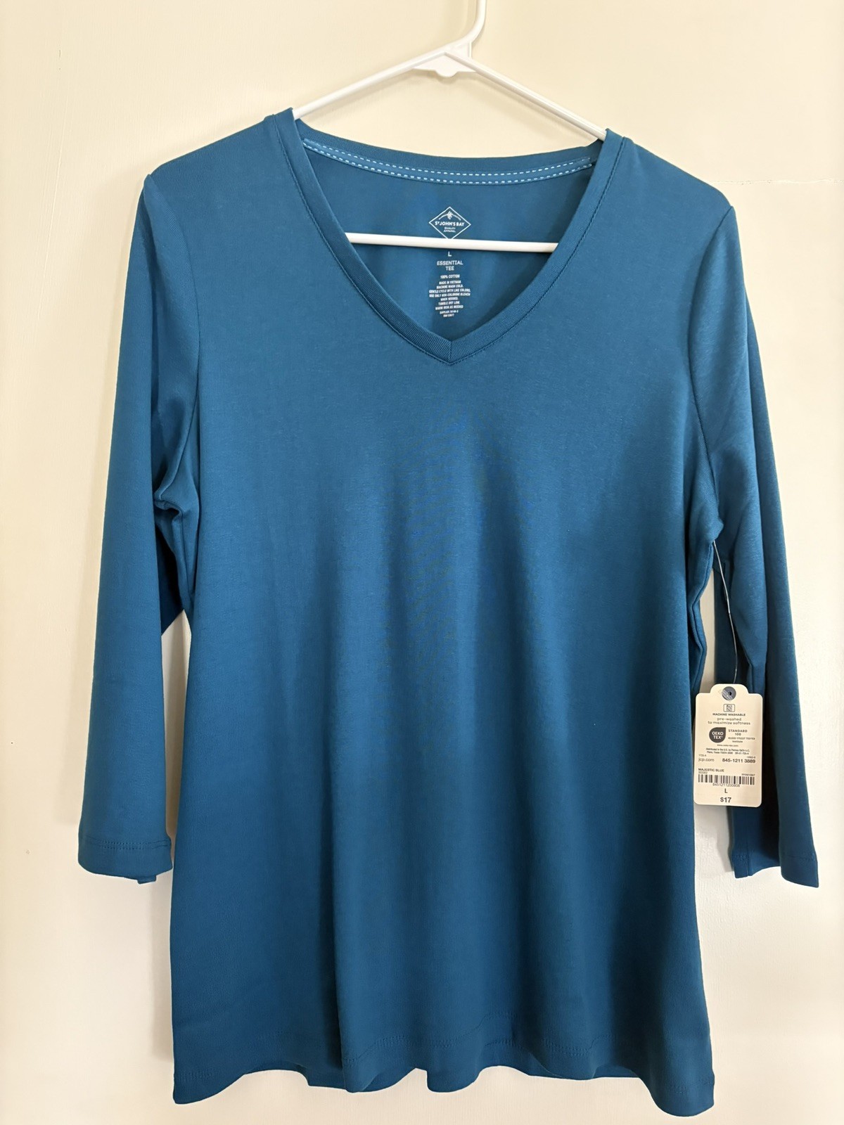 St. John’s Bay V Neck~3/4 Sleeve~Cotton Top~Blue Teal~Size Large~NWT