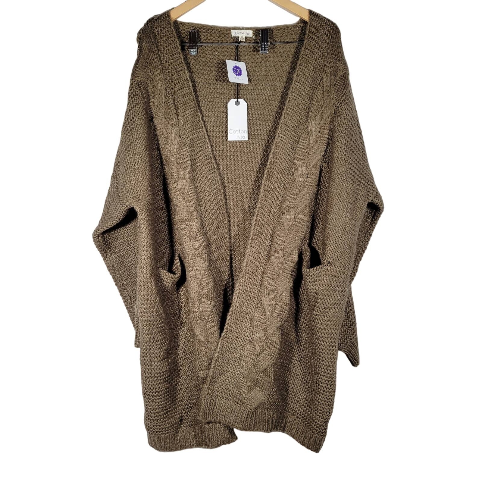 Cotton Bleu Mocha Cable Knit Cardigan Sweater Long Sleeve Open Front Pockets M